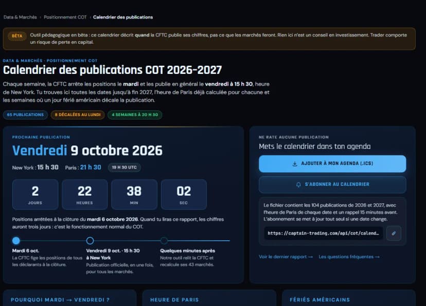 Calendarul publicărilor COT 2026-2027 al Captain Trading, interfață în limba franceză: următoarea publicare cu ora New Yorkului și a Parisului, numărătoare inversă, etapele de marți până vineri și butoanele pentru a adăuga datele în agendă (.ics) sau pentru abonarea la calendar