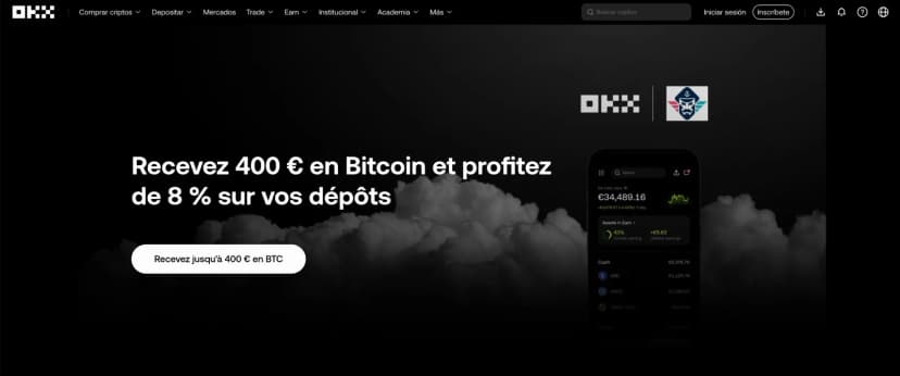 Page d’inscription OKX × Captain Trading : jusqu’à 400 € de bonus de bienvenue en bitcoin et 8 % sur les dépôts