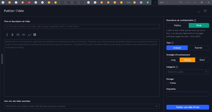 Formulaire de publication d'une idée TradingView utilisée comme entrée de journal de trading