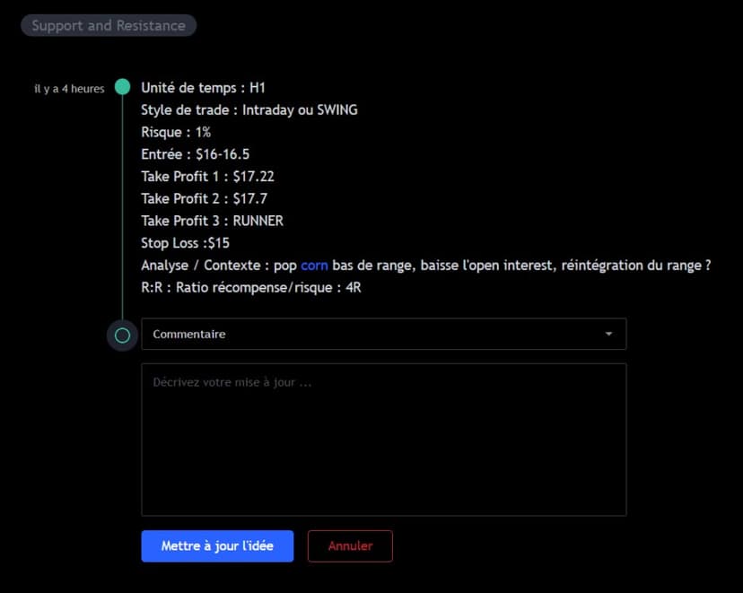 Mise à jour horodatée d'une idée TradingView montrant l'évolution du trade