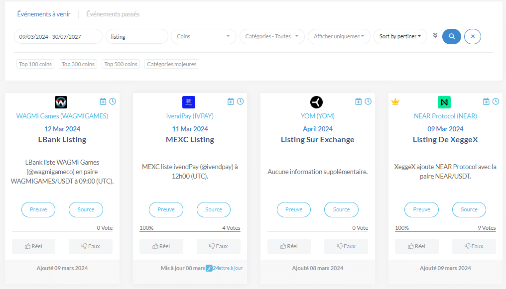 recherche de listing crypto sur coinmarketcal
