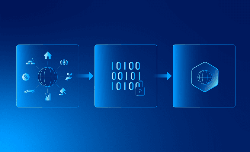 Ilustracja tokenizacji Real World Assets (RWA): aktywo realne podzielone na tokeny na blockchainie