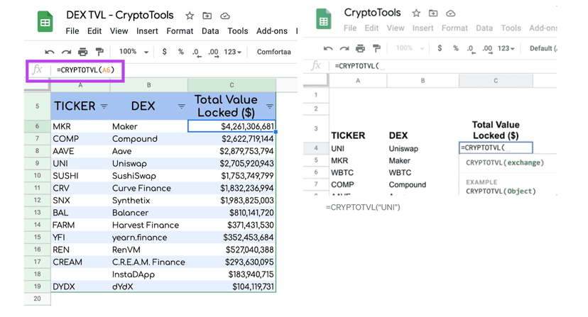 Eksport Total Value Locked z DeFi do arkusza Google Sheets