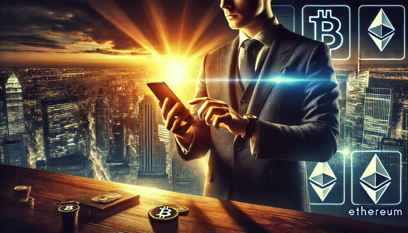 Un homme d’affaires élégant effectue un paiement en cryptomonnaie avec son smartphone, dans un bureau de luxe surplombant une ville futuriste au coucher du soleil. La lumière dramatique souligne l’atmosphère ambitieuse et innovante de la scène.