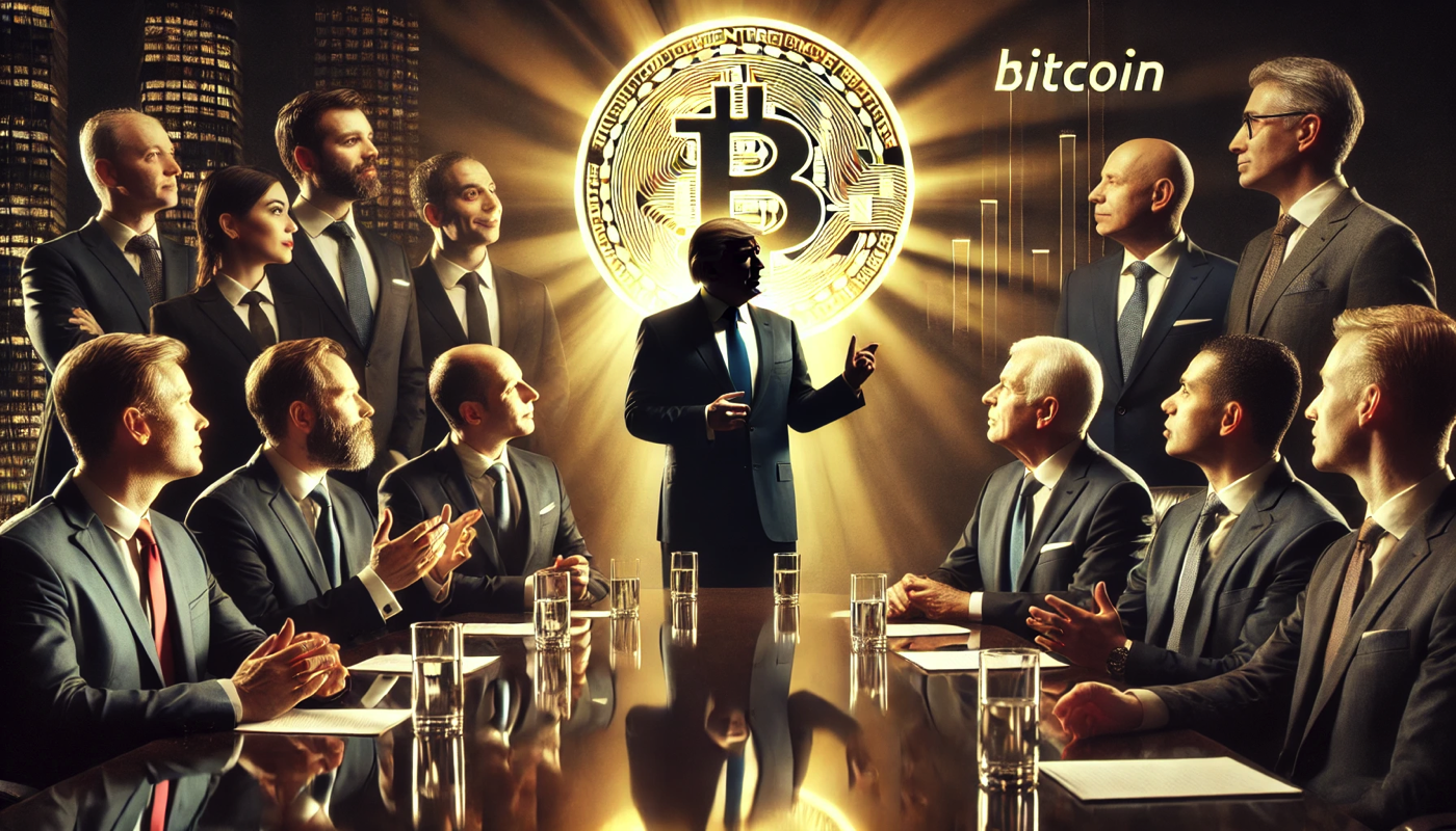 Image cinématographique montrant Donald Trump discutant avec plusieurs hommes politiques de diverses origines, devant un drapeau américain et un symbole lumineux de Bitcoin en arrière-plan. L’ambiance rappelle une réunion de haut niveau sur fond de tension géopolitique.