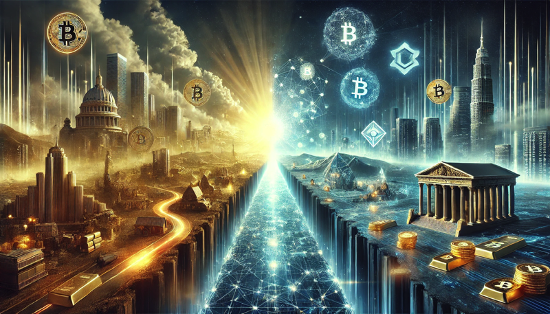 Image paysage ultra-réaliste montrant la finance classique et l’univers crypto connectés par un pont de données digitales, avec un rendu cinématographique élégant aux tons bleus et dorés, idéal pour un article fintech.