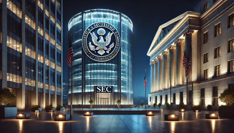  Illustration nocturne réaliste montrant un face-à-face symbolique entre une tour moderne représentant l’industrie des crypto-monnaies et un bâtiment néoclassique de la SEC, éclairé par des projecteurs. L’ambiance est calme, corporative et professionnelle.