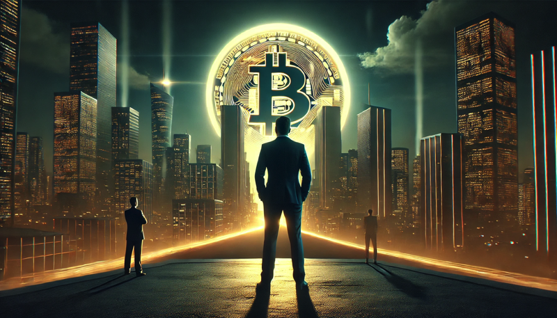 Illustration réaliste d’un paysage urbain futuriste en plein jour, où un homme en costume observe un gigantesque symbole Bitcoin brillant dans le ciel bleu, tel un soleil numérique. La scène intègre végétation luxuriante, circulation, piétons, et silhouettes symboliques représentant la majorité silencieuse, sur fond de ville écologique et animée.