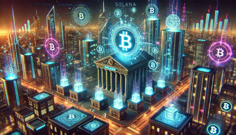 Scène cyberpunk d’une métropole futuriste où une banque traditionnelle convertit ses actifs en jetons blockchain lumineux sur le réseau Solana, avec des flux de données abstraits et un skyline urbain vibrant en arrière-plan.