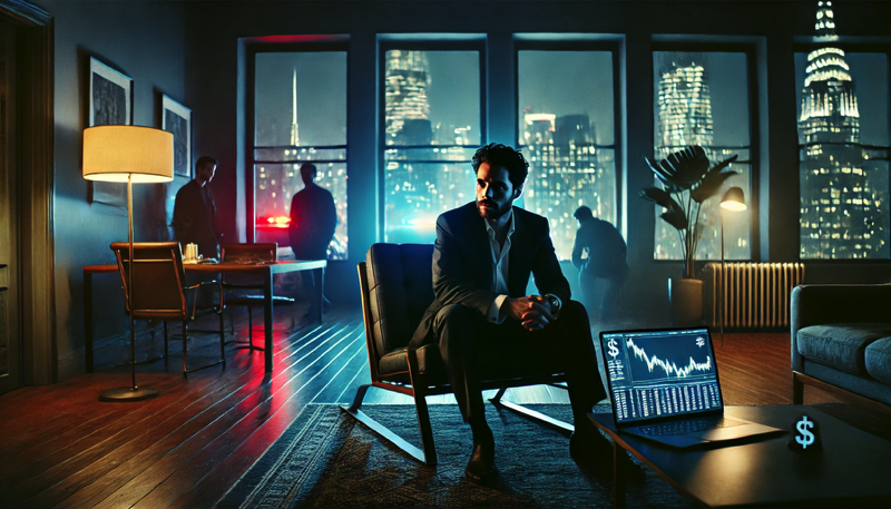 Scène nocturne dans un appartement moderne et désordonné de New York. Un homme anxieux, vêtu d’un costume de créateur, est assis devant un ordinateur portable ouvert sur des données financières. Les gyrophares de police projettent une lumière vibrante sur les murs et les objets, tandis que des présences obscures rôdent dans l’ombre.