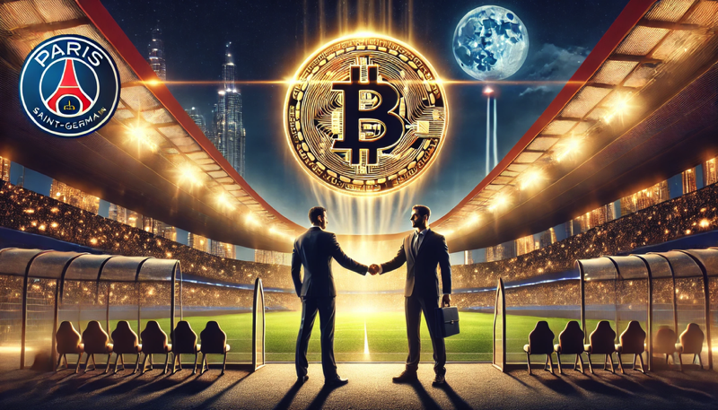 Illustration cinématographique du club Paris Saint-Germain (PSG) annonçant son investissement dans le Bitcoin, avec une poignée de main symbolique au Parc des Princes sous un éclairage dramatique, représentant l’alliance entre sport et cryptomonnaie.