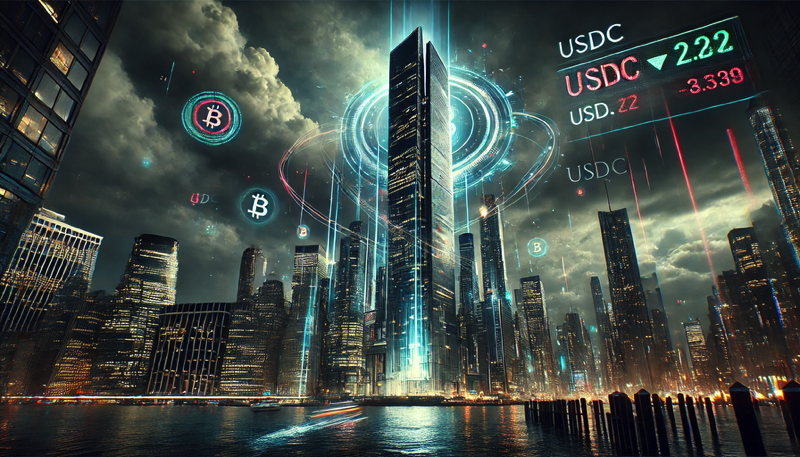 Illustration hyper-réaliste d’un gratte-ciel futuriste à Manhattan sous un ciel orageux, avec hologrammes, tickers boursiers et tourbillon lumineux de pièces USDC flottant au premier plan.