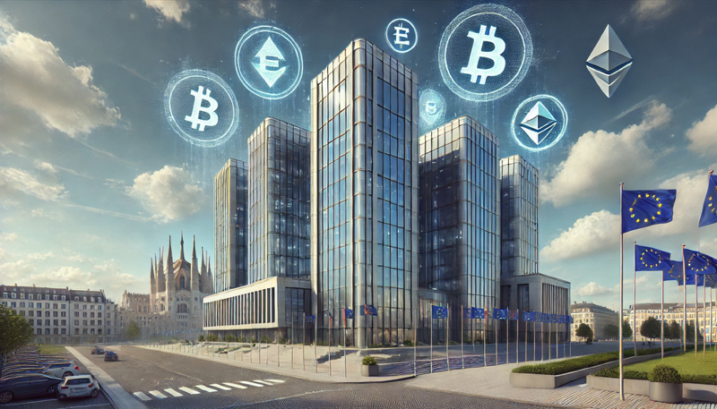 Vue réaliste de bâtiments modernes représentant Gemini et Coinbase avec des drapeaux de l’Union européenne, symbolisant leur conformité à la réglementation MiCA.