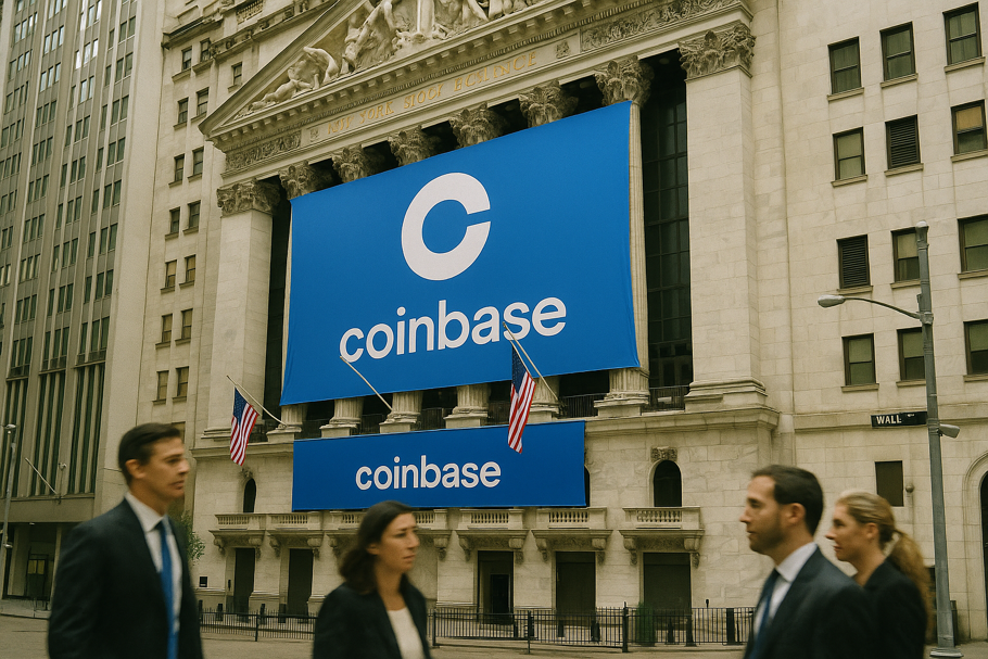 Photographie réaliste d’un hall d’entreprise avec le logo Coinbase en fond, illustrant son entrée dans le classement TIME des 100 entreprises les plus influentes.

