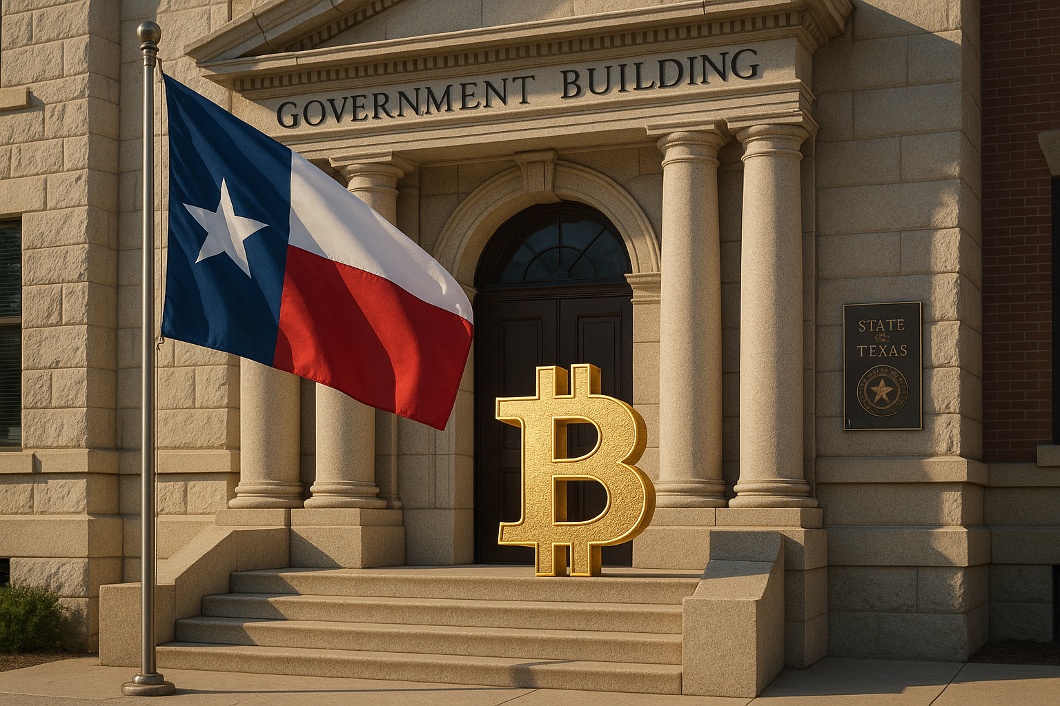 Photo hyper réaliste d’une façade institutionnelle texane avec une plaque indiquant “Bitcoin Reserve”, représentant l’investissement de l’État dans le BTC.

