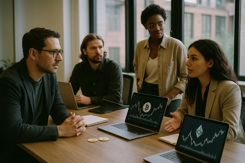 Scène réaliste et lumineuse d’un bureau d’investissement crypto avec des éléments subtils comme des laptops, graphiques de données, et symboles blockchain, capturée en style 35mm sans éléments écrits.