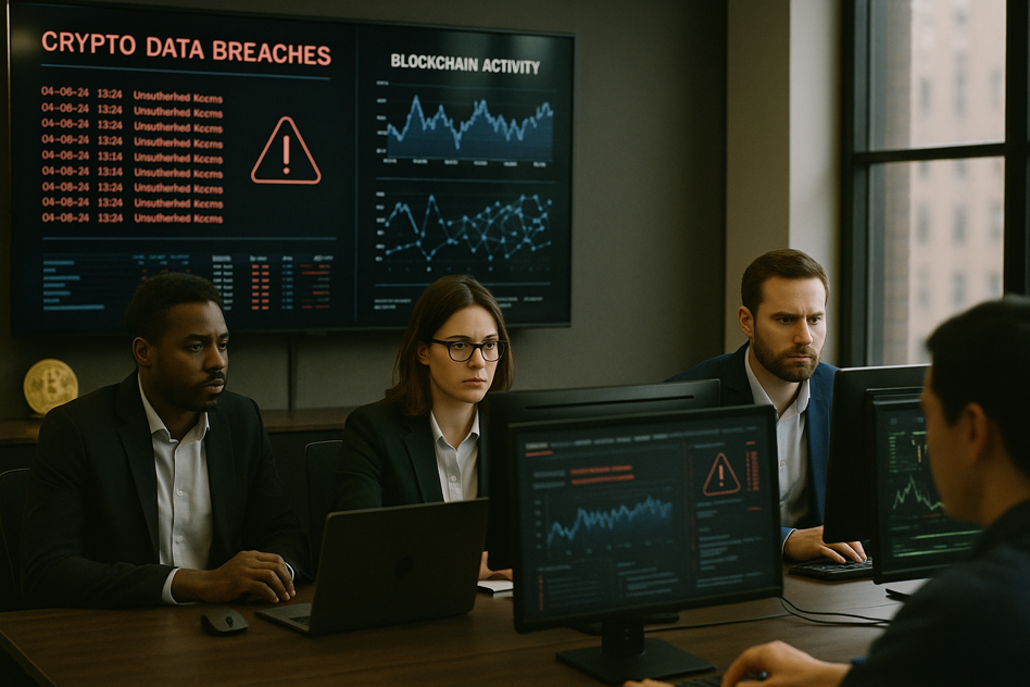 Scène réaliste et cinématographique dans un environnement de travail high-tech où une équipe surveille les activités suspectes sur le réseau crypto, sans éléments futuristes.