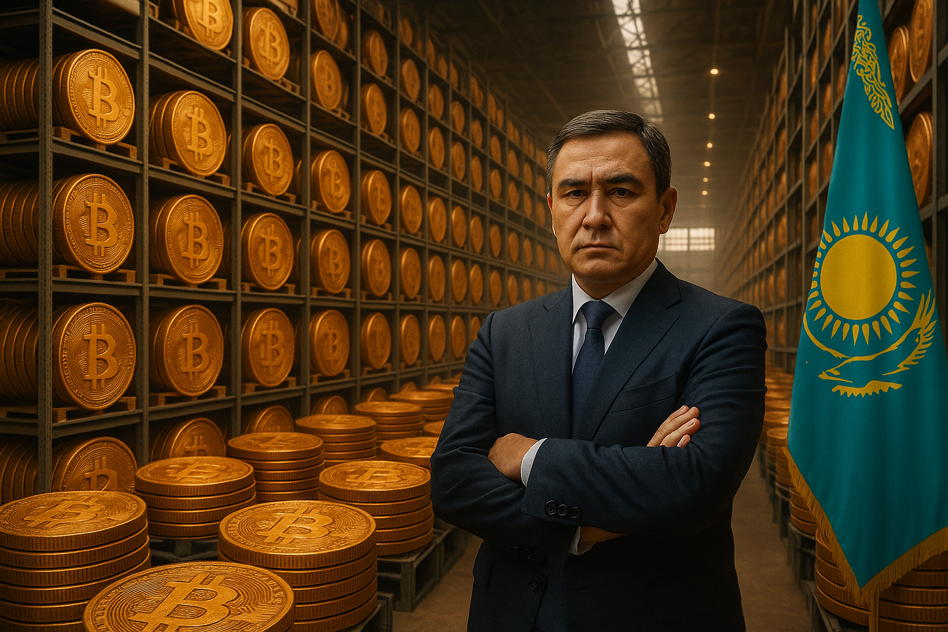 Photographie réaliste d’un responsable gouvernemental kazakh consultant des données Bitcoin sur une tablette dans un bâtiment institutionnel, illustrant la création de la strategic bitcoin reserve.
