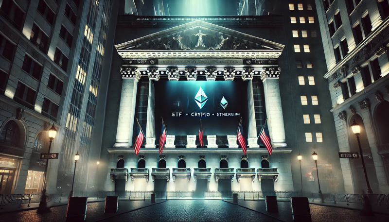 Image frontale cinématographique de nuit du New York Stock Exchange, sans foule, avec un éclairage moderne et un panneau géant indiquant « ETF • CRYPTO • ETHEREUM ».