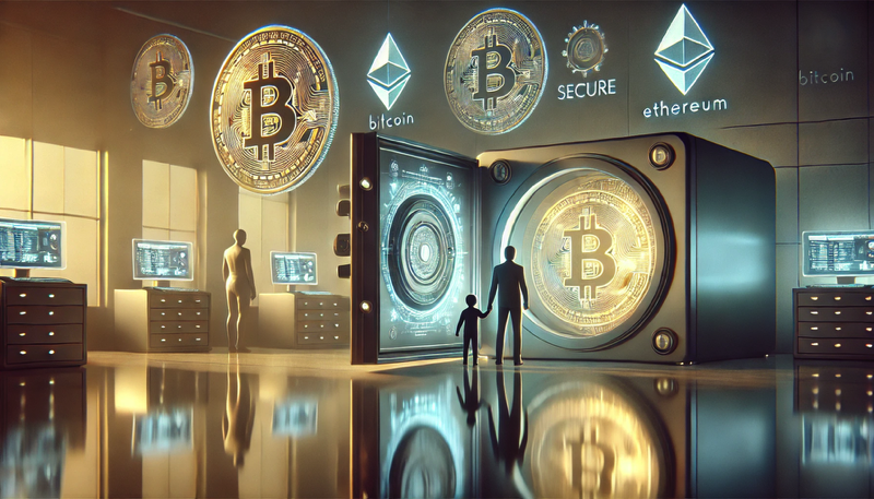 Image réaliste d’un coffre-fort numérique ouvert avec des logos crypto flottants, symbolisant la transmission des actifs numériques via Binance.
