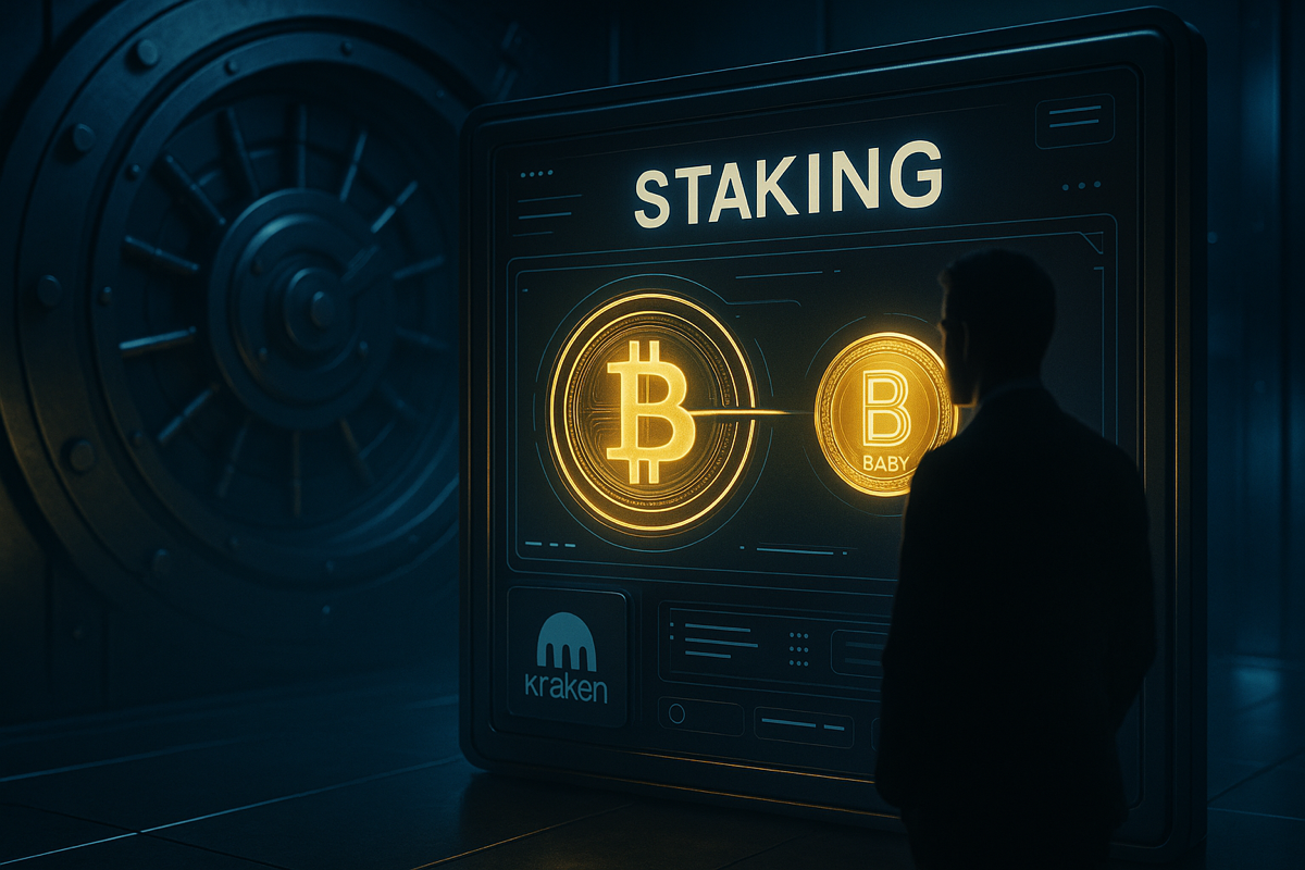 Illustration réaliste d’un écran futuriste montrant le staking de Bitcoin via le protocole Babylon, avec les logos BTC et Kraken visibles.