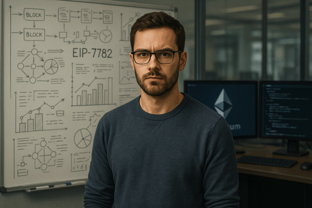 Scène professionnelle montrant un groupe de développeurs en réunion observant des graphiques du réseau Ethereum liés à la proposition EIP-7782.