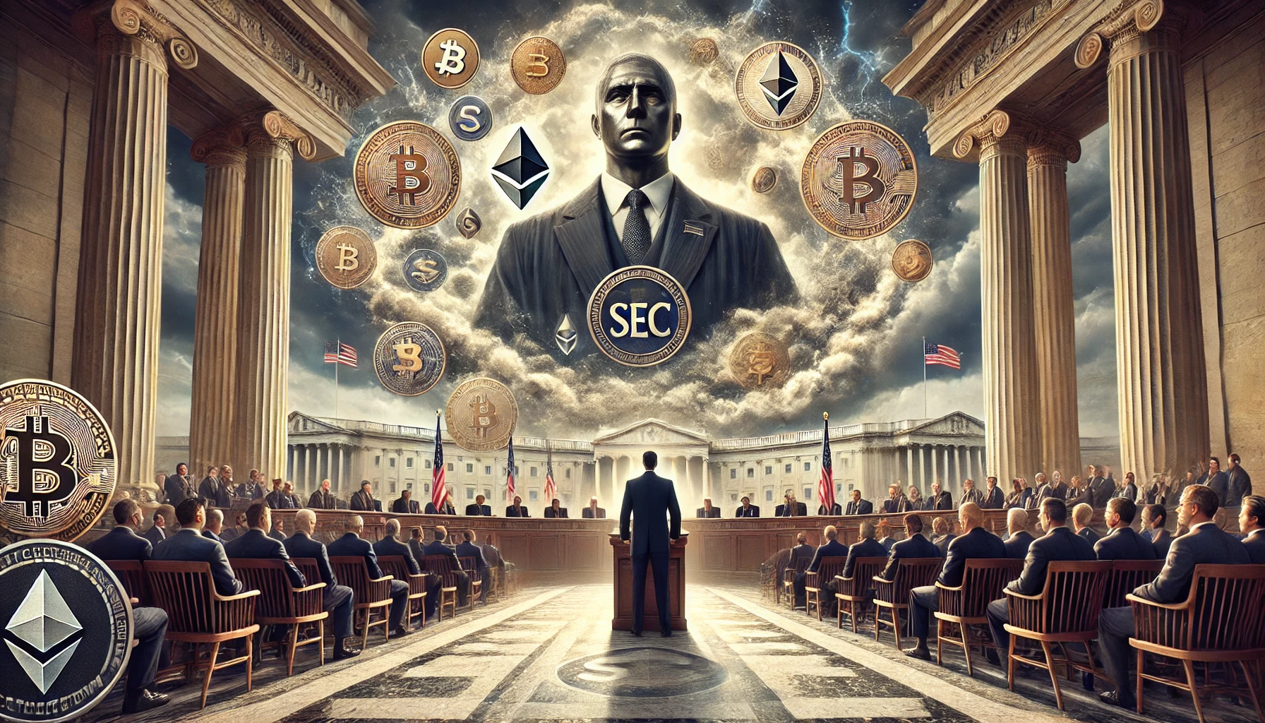 Représentation visuelle de la SEC entourée de symboles de blockchain, mettant en avant l’annonce de nouvelles règles pour sécuriser le marché crypto américain.