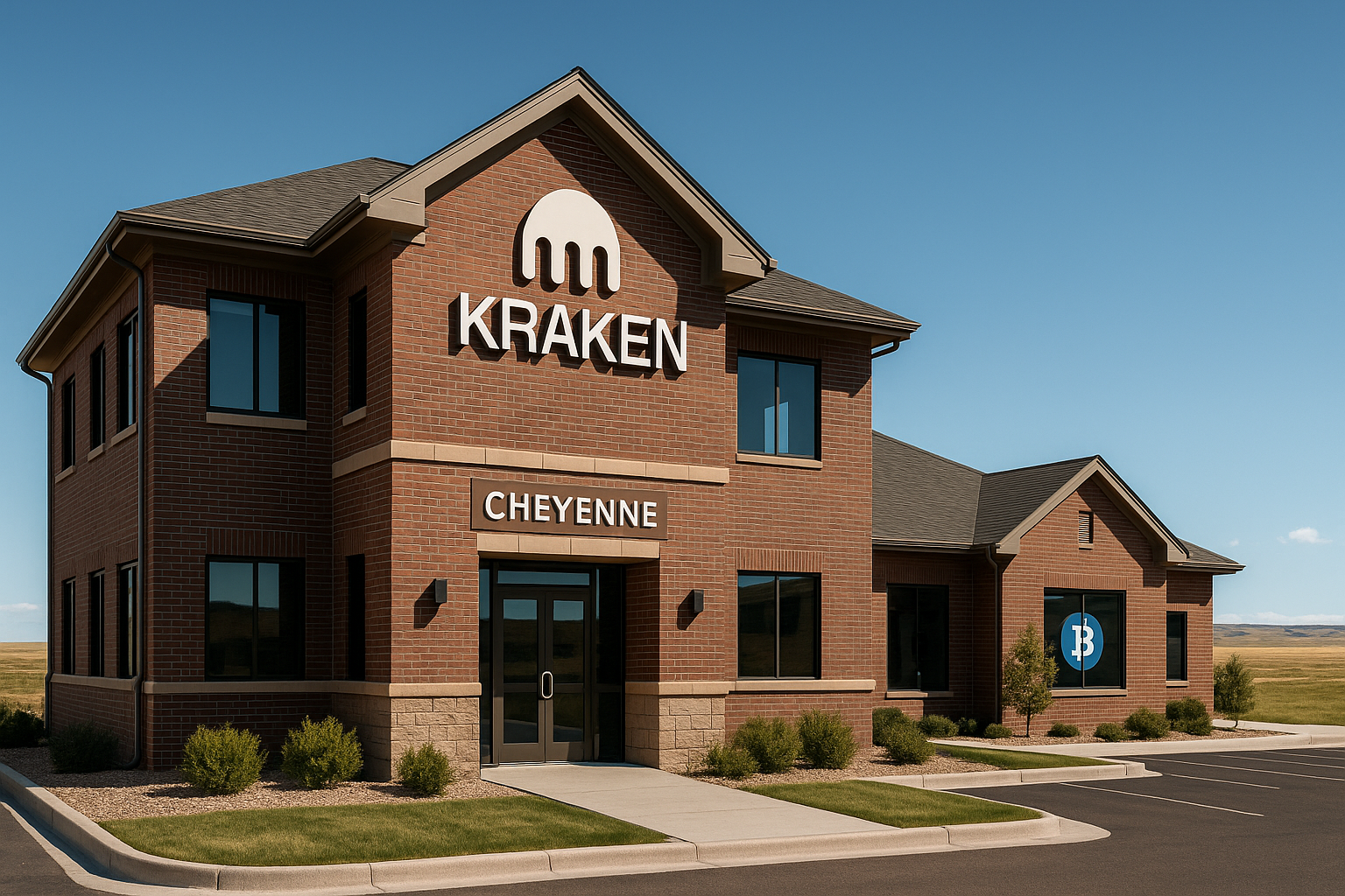 Bâtiment professionnel avec logo Kraken visible, situé dans un paysage typique du Wyoming, symbolisant la transition vers un environnement crypto-friendly.
