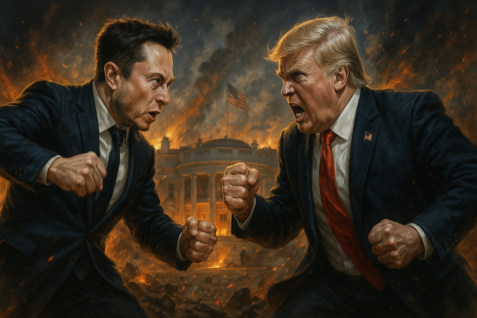 Illustration réaliste et cinématographique montrant Elon Musk et Donald Trump s’affrontant devant une Maison-Blanche en feu, incarnant une lutte symbolique entre technologie et pouvoir politique.