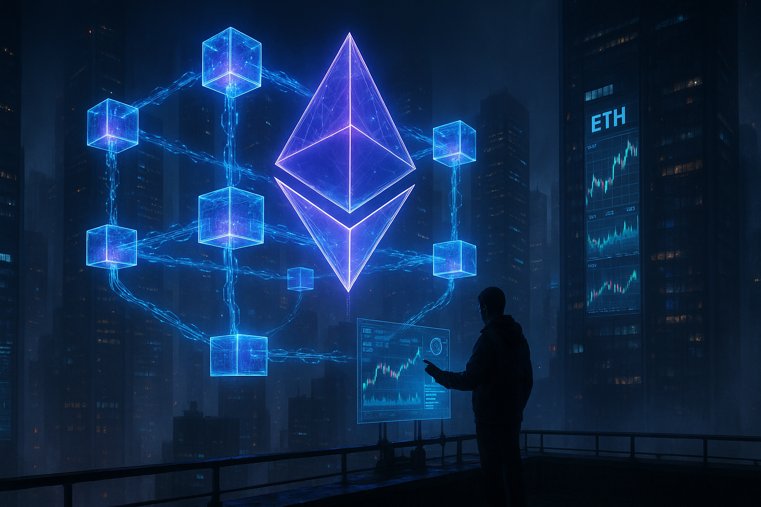 Illustration de SharpLink affichant une transaction Ethereum massive sur un graphique blockchain.