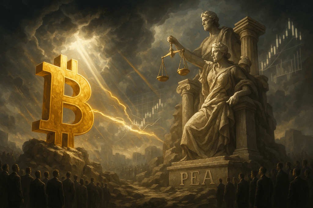 Scène semi-réaliste montrant un investisseur scrutant des écrans financiers, tandis qu’un jeton Bitcoin surplombe un monument financier européen, illustrant l’intégration du Bitcoin au PEA.