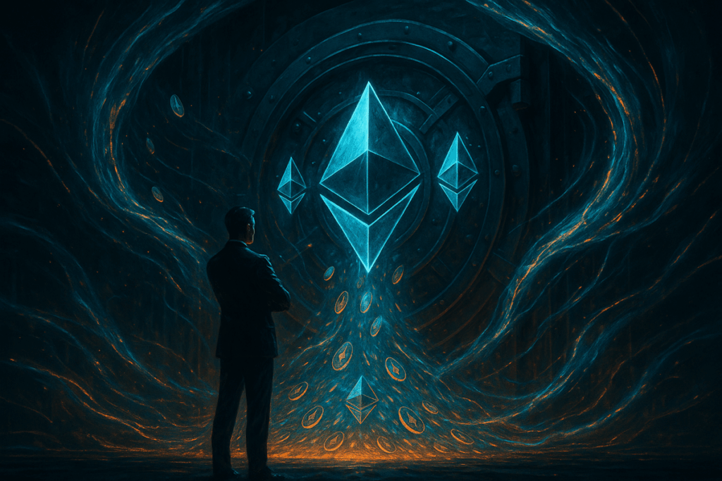 Illustration cinématographique d’un immense coffre numérique absorbant des jetons ETH, surveillé par une figure institutionnelle dans un décor futuriste.