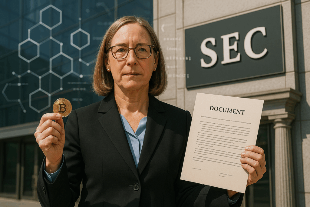 Illustration d’une responsable gouvernementale tenant un document juridique et un jeton numérique devant le bâtiment de la SEC, symbolisant le contrôle des tokenized securities.
