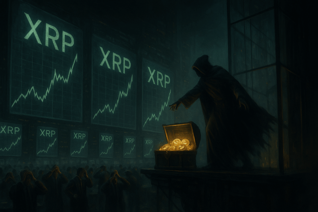Peinture digitale dramatique montrant une figure sombre manipulant des XRP en pleine nuit, symbolisant un transfert douteux en pleine flambée du marché.