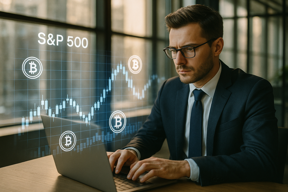 Image professionnelle d’un homme d’affaires au coucher du soleil, avec un écran numérique montrant un graphique boursier, représentant la rencontre entre fonds indiciels classiques et technologie blockchain.

