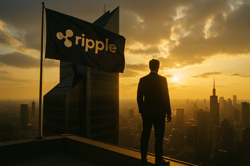 Image cinématographique d’un gratte-ciel surmonté d’un drapeau Ripple flottant au soleil couchant, représentant l’ascension stratégique de Ripple vers le statut bancaire.
