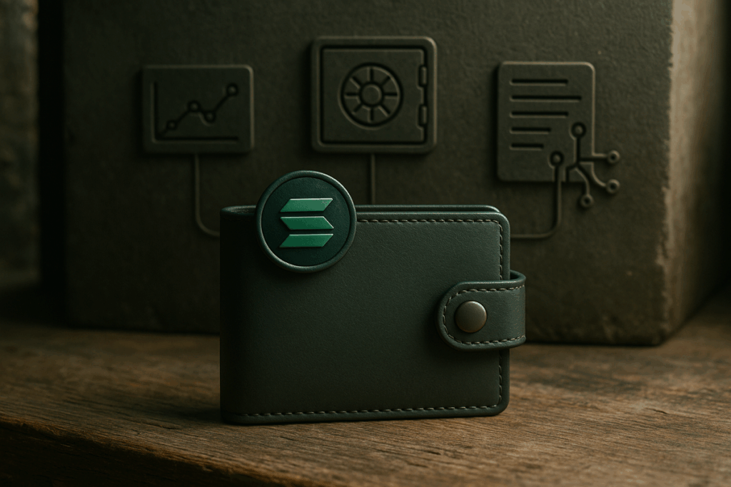 Image épurée représentant un portefeuille Solana sur fond minimaliste, avec des symboles DeFi subtils suggérant innovation, sécurité et interconnexion.