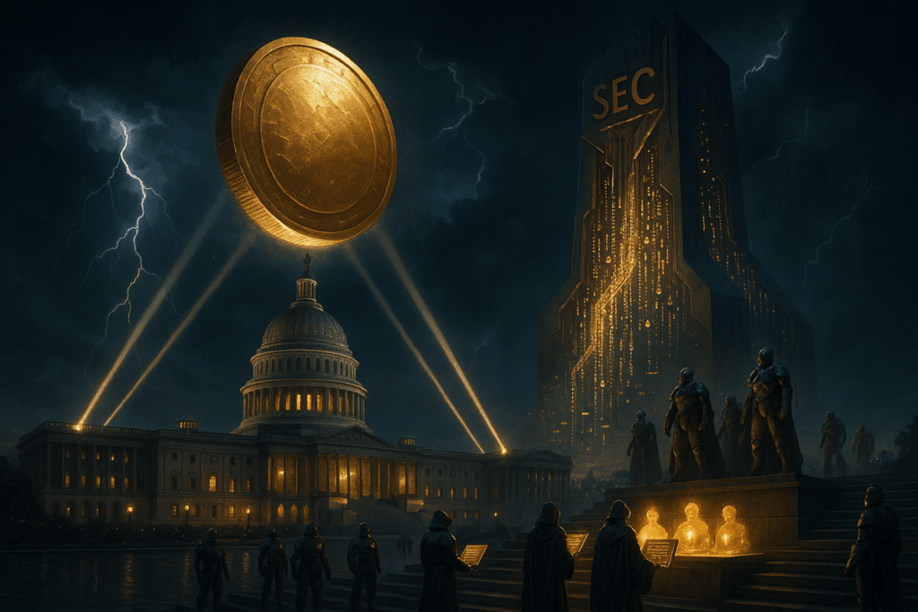 Scène épique montrant des flux de données et de jetons s’échappant d’un monument futuriste marqué “SEC”, illustrant l’impact réglementaire sur la finance tokenisée.
