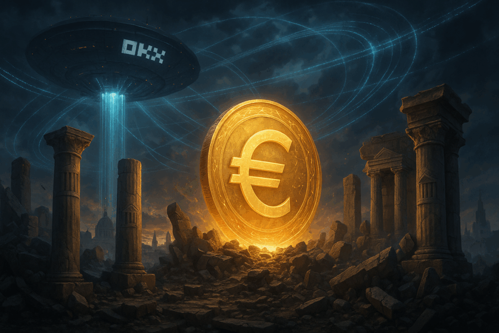 Scène futuriste montrant un vaisseau OKX survolant une capitale européenne, projetant un réseau numérique en forme d’euro au-dessus de la ville, incarnant l’adoption du stablecoin euro et la fin de l’hégémonie des monnaies traditionnelles.
