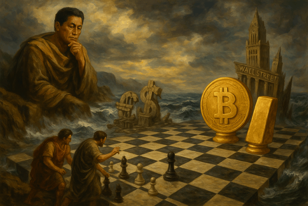 Scène épique d’un paysage financier instable où le Bitcoin et l’or s’élèvent comme des piliers dorés sous les éclairs, observés par des investisseurs en alerte.