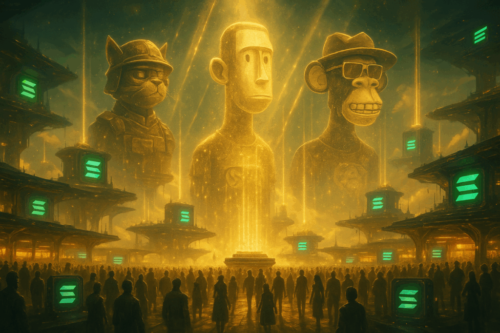 Vue cinématographique d’un marché flottant futuriste avec des statues NFT Solana géantes et des lumières dorées.
