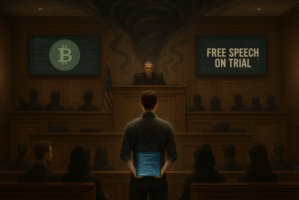Illustration cinématographique d’un développeur seul dans une salle de tribunal futuriste, tenant un code source lumineux face à des juges dans l’ombre, symbolisant la défense de la liberté numérique.