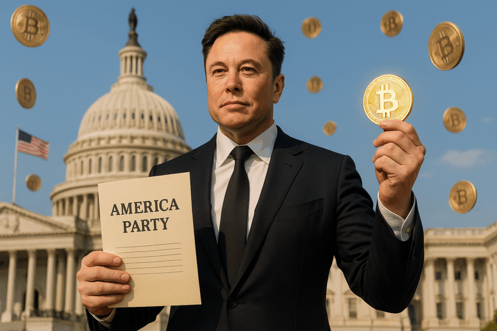 Illustration réaliste d’Elon Musk tenant un Bitcoin géant devant le Capitole, symbole de son engagement politique pro-crypto avec le bitcoin musk.