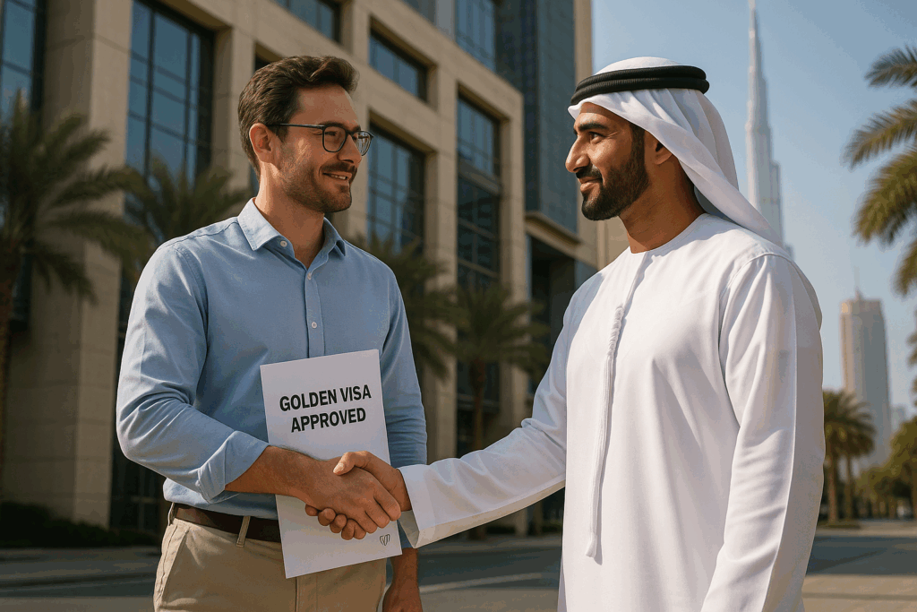 Scène réaliste de toncoins dorés tombant du ciel avec le Burj Khalifa au loin et un document de visa UAE visible